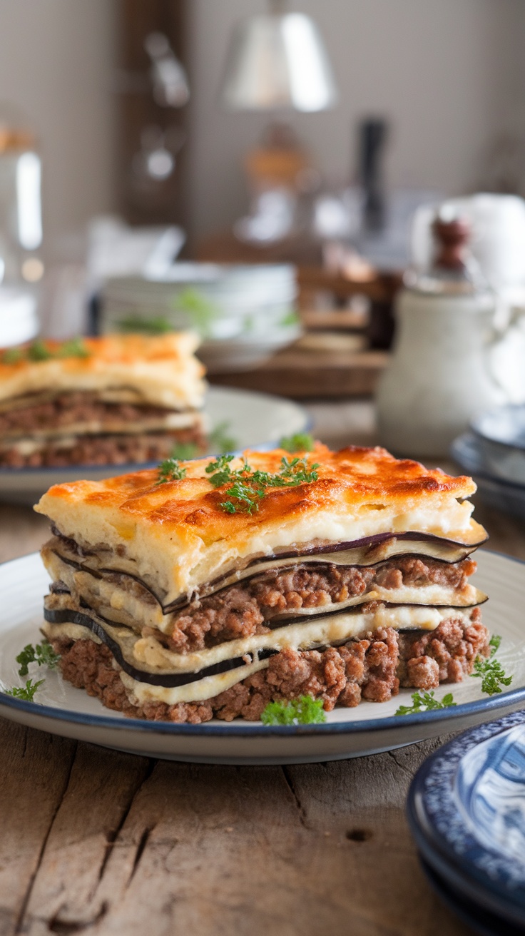 A serving of traditional Greek moussaka with layers of eggplant, meat, and béchamel, garnished with parsley.